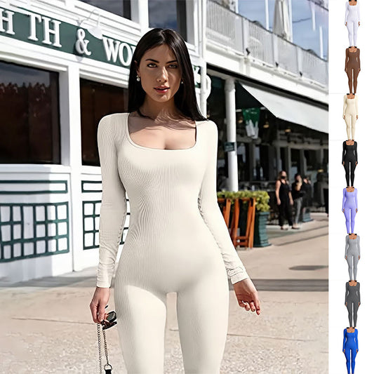 Women's Long Sleeve Square Collar Yoga Fitness Jumpsuit