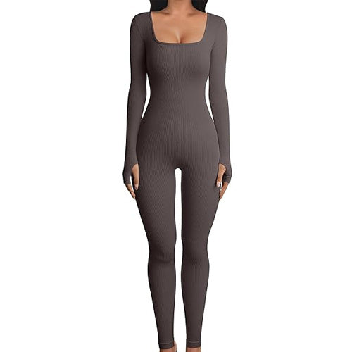 Women's Long Sleeve Square Collar Yoga Fitness Jumpsuit